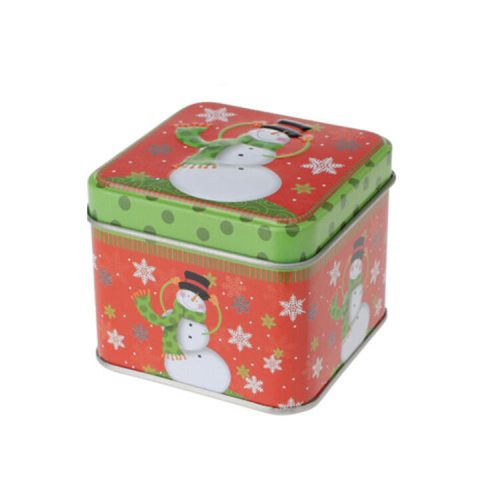Karácsonyi fém díszdoboz, mini (négyzet alapú, hóember)