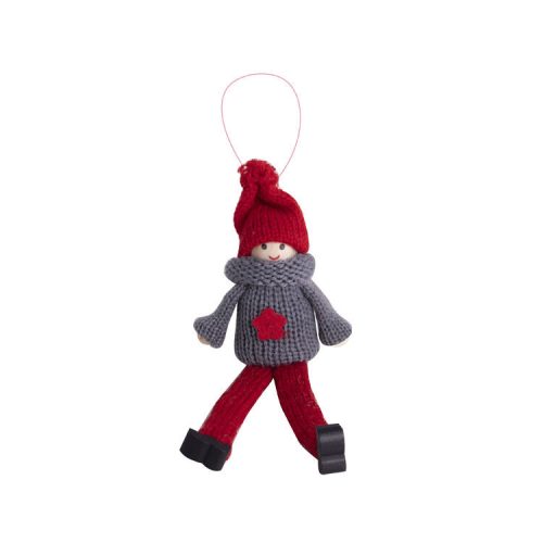 Karácsonyi dekoráció (fiú, szürke-piros kötött ruhában)