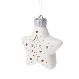   Karácsonyfadísz világítós porcelán csillag - fenyő csillaggal