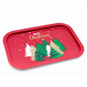 Karácsonyi tálca- piros (fenyőfák, Merry Christmas)